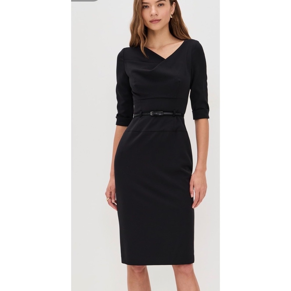 Black Halo Jackie O Belted Sheath Dress Black Asymmetrical Neck Sleeve Size 10